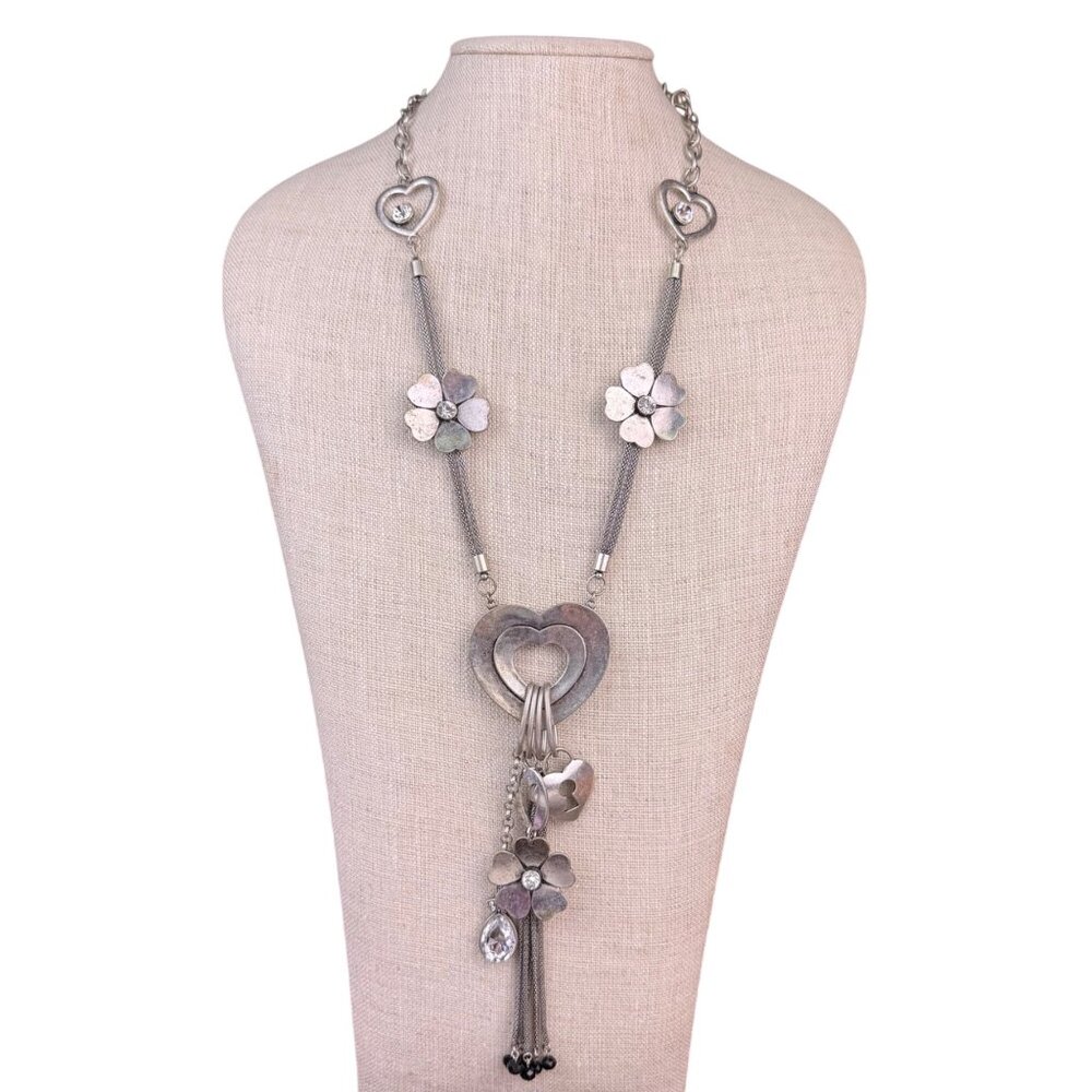 Silver Tone Womens Floral & Heart Charm Necklace Mixed Metal Statement Jewelry